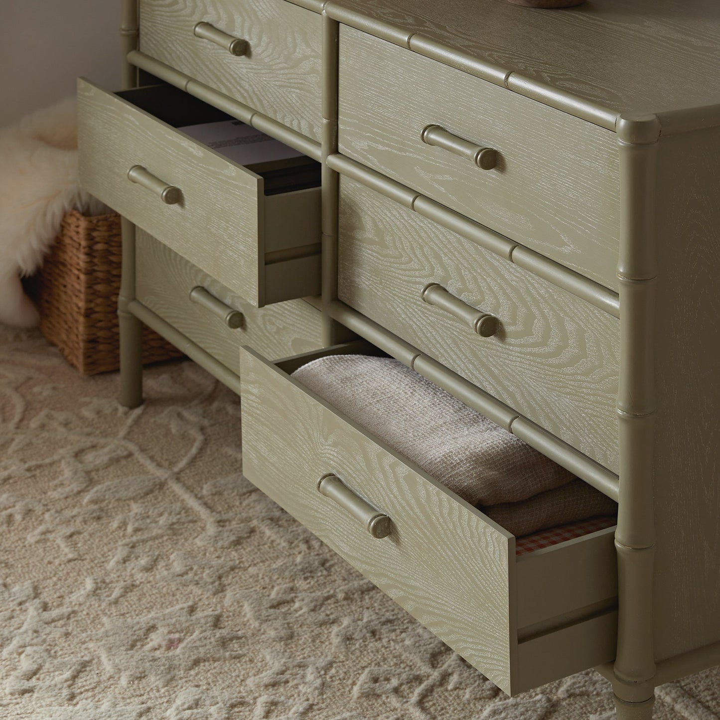 Elstowe Faux Bamboo 6-Drawer Chest, Sage Green