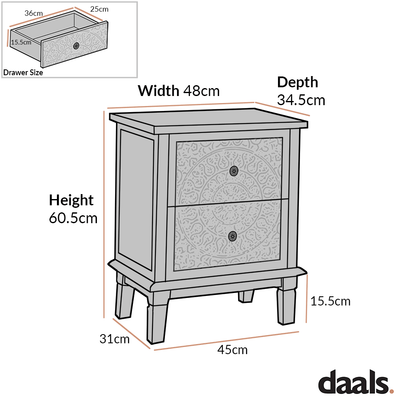Chantilly Whitewashed Carved 2 Drawer Bedside Table