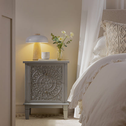 Chantilly Mid Grey Carved 2 Drawer Bedside Table