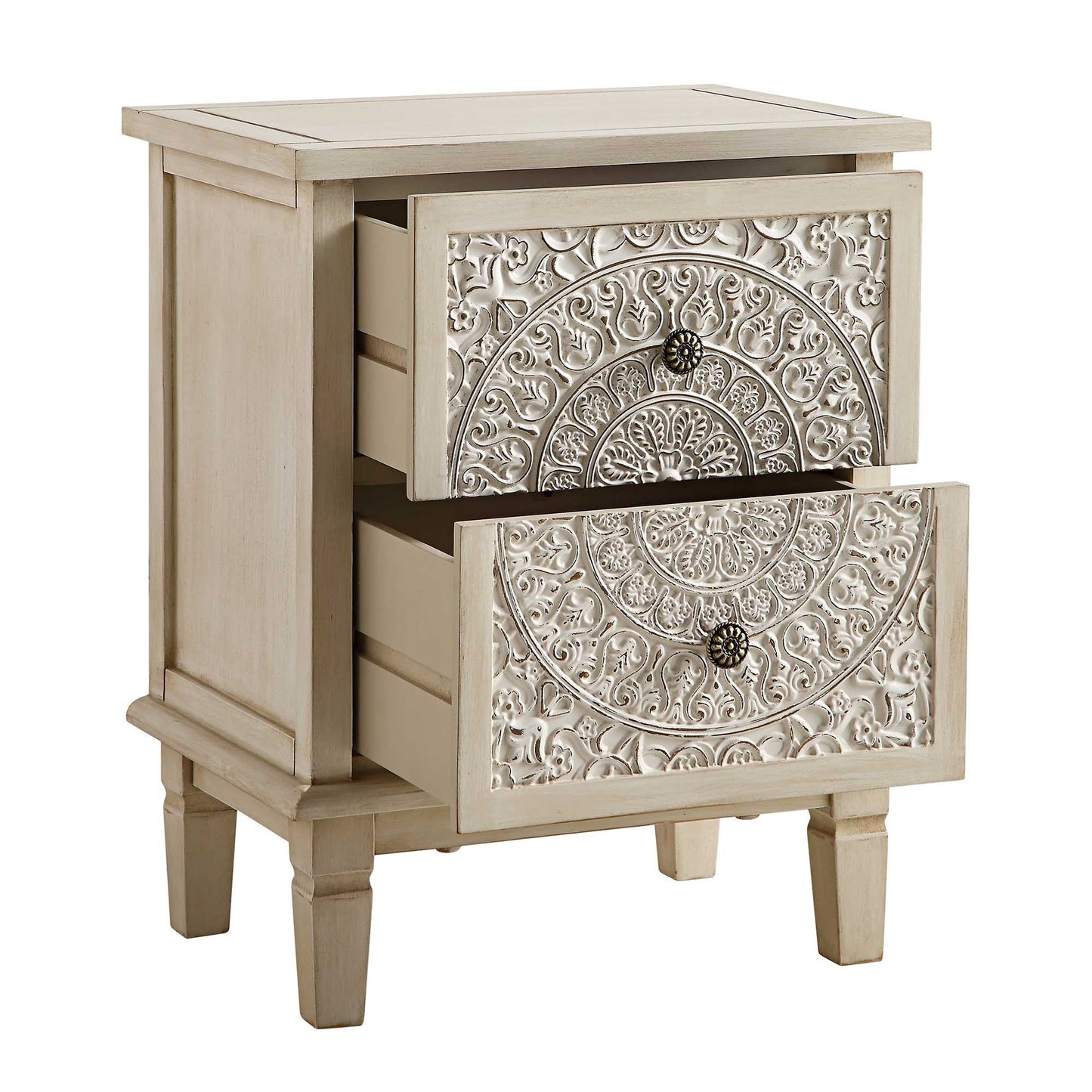 Chantilly Whitewashed Carved 2 Drawer Bedside Table