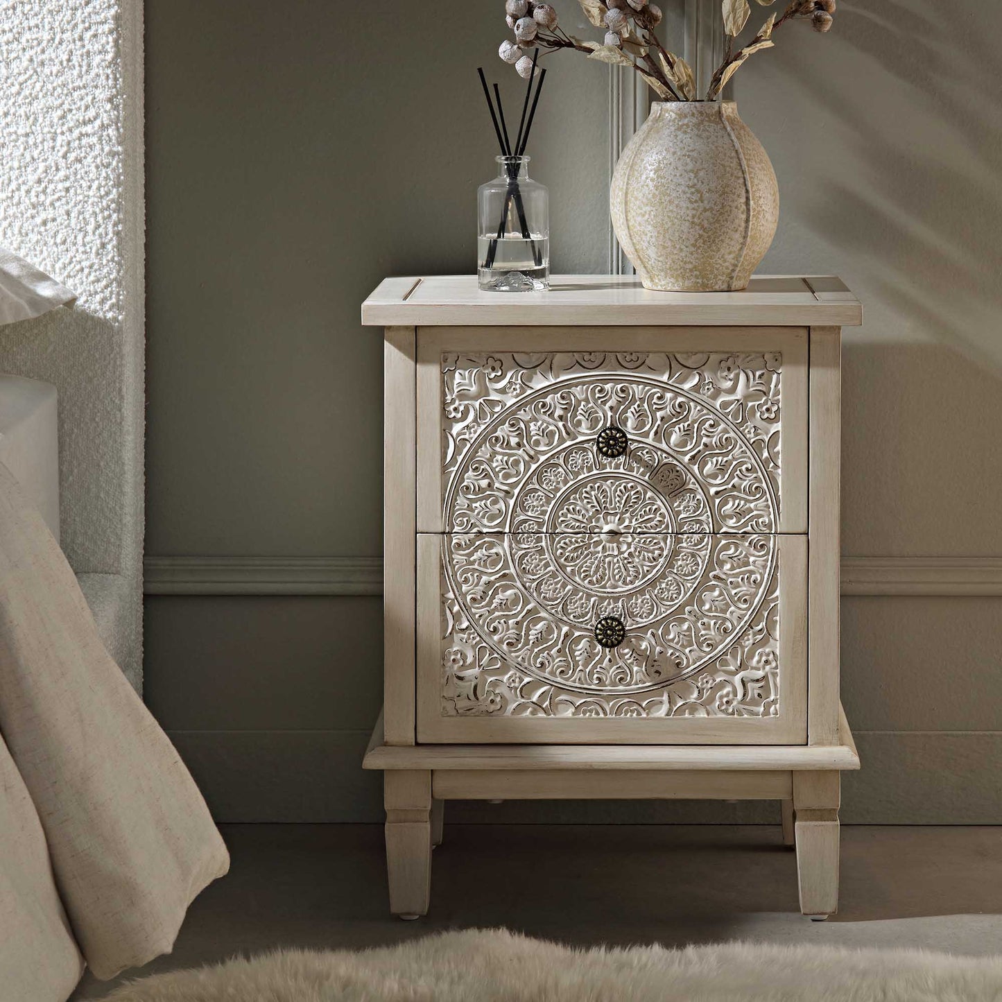 Chantilly Whitewashed Carved 2 Drawer Bedside Table