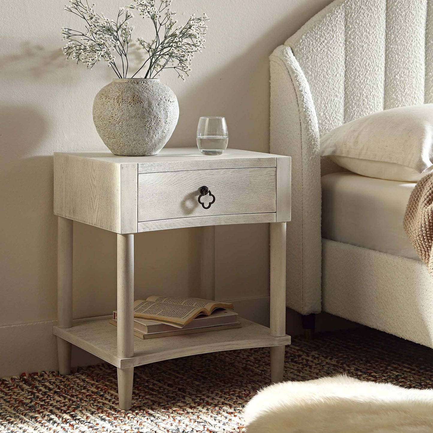 Thalia Concave 1 Drawer Bedside Table, Washed White