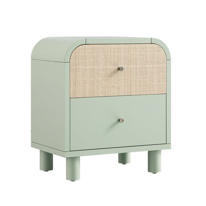 Maude 2 Drawer Bedside Table, Muted Pistachio Ash with Raffia