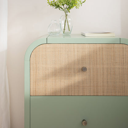 Maude 2 Drawer Bedside Table, Muted Pistachio Ash with Raffia