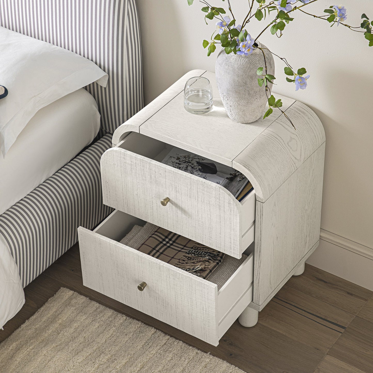Maude 2 Drawer Bedside Table, Washed White Ash with Raffia