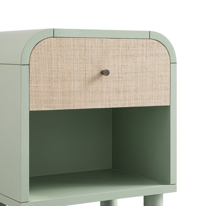 Maude 1 Drawer Bedside Table, Muted Pistachio Ash with Raffia