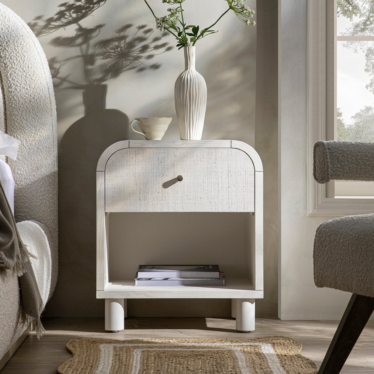 Maude 1 Drawer Bedside Table, Washed White Ash with Raffia
