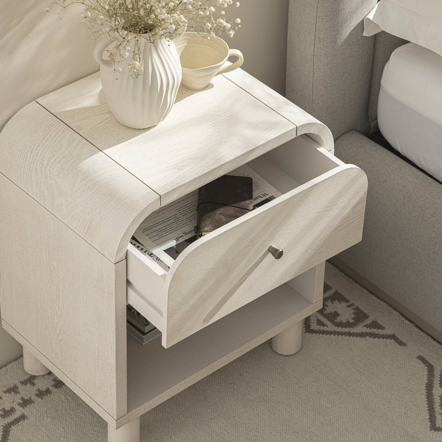 Maude 1 Drawer Bedside Table, Washed White Ash