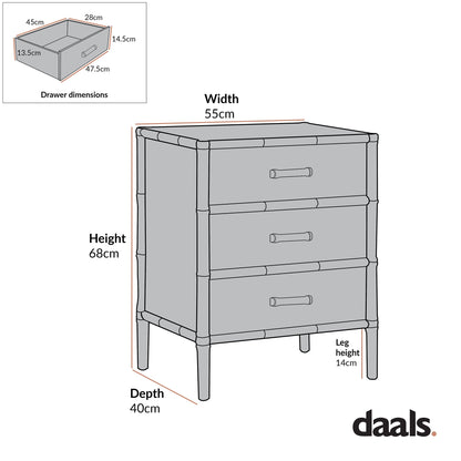 Elstowe Faux Bamboo 3-Drawer Bedside Table, Shaded White