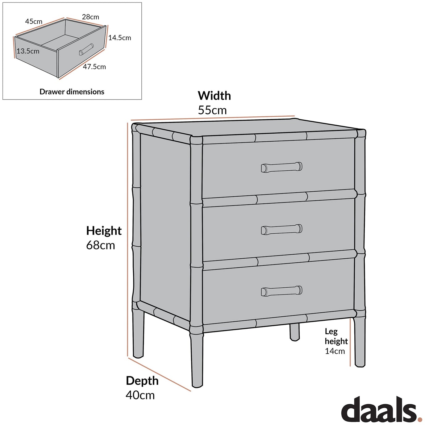 Elstowe Faux Bamboo 3-Drawer Bedside Table, Warm Grey