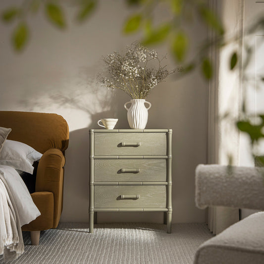 Elstowe Faux Bamboo 3-Drawer Bedside Table, Sage Green