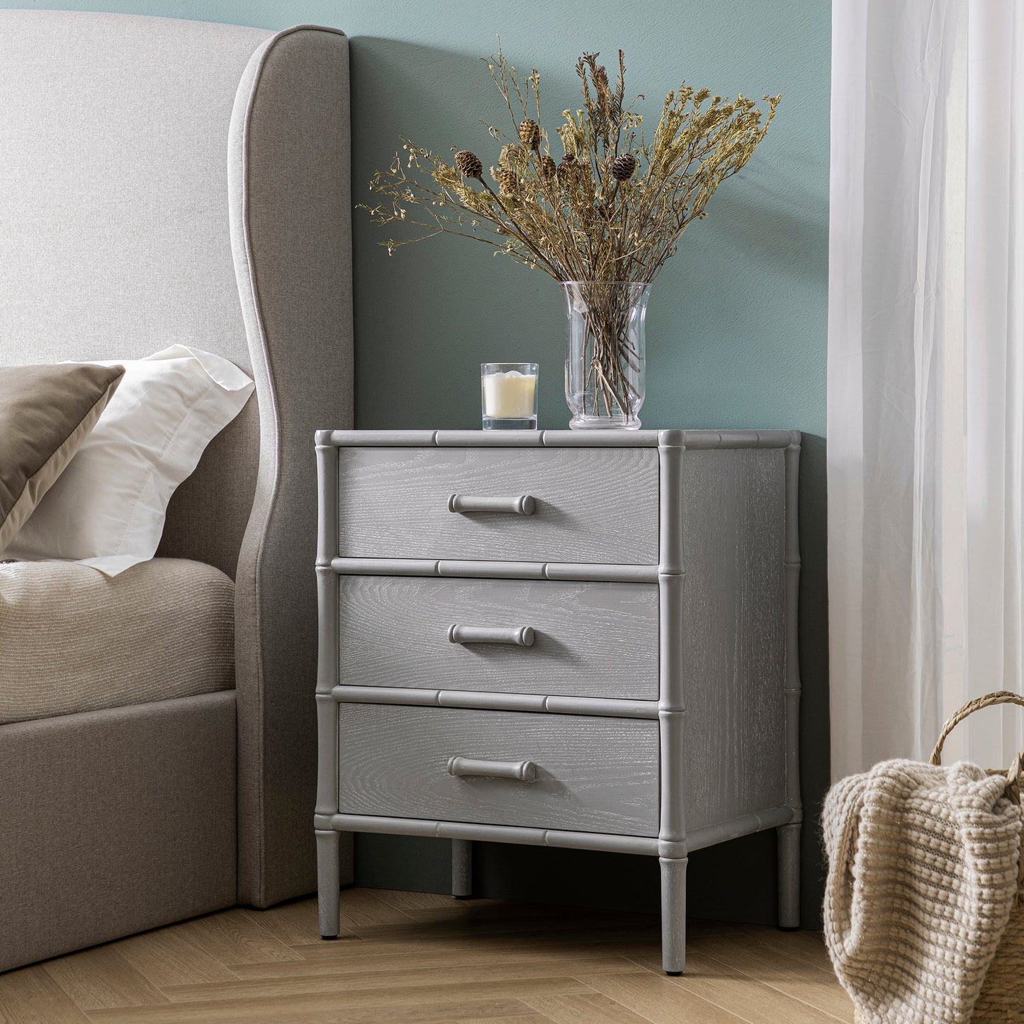Elstowe Faux Bamboo 3-Drawer Bedside Table, Warm Grey