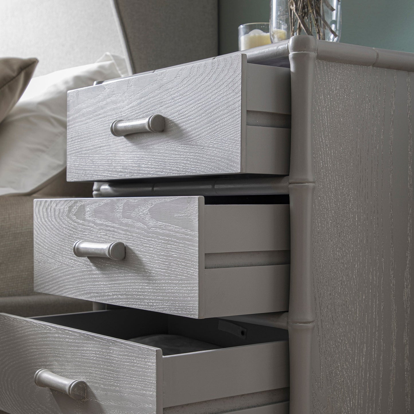 Elstowe Faux Bamboo 3-Drawer Bedside Table, Warm Grey