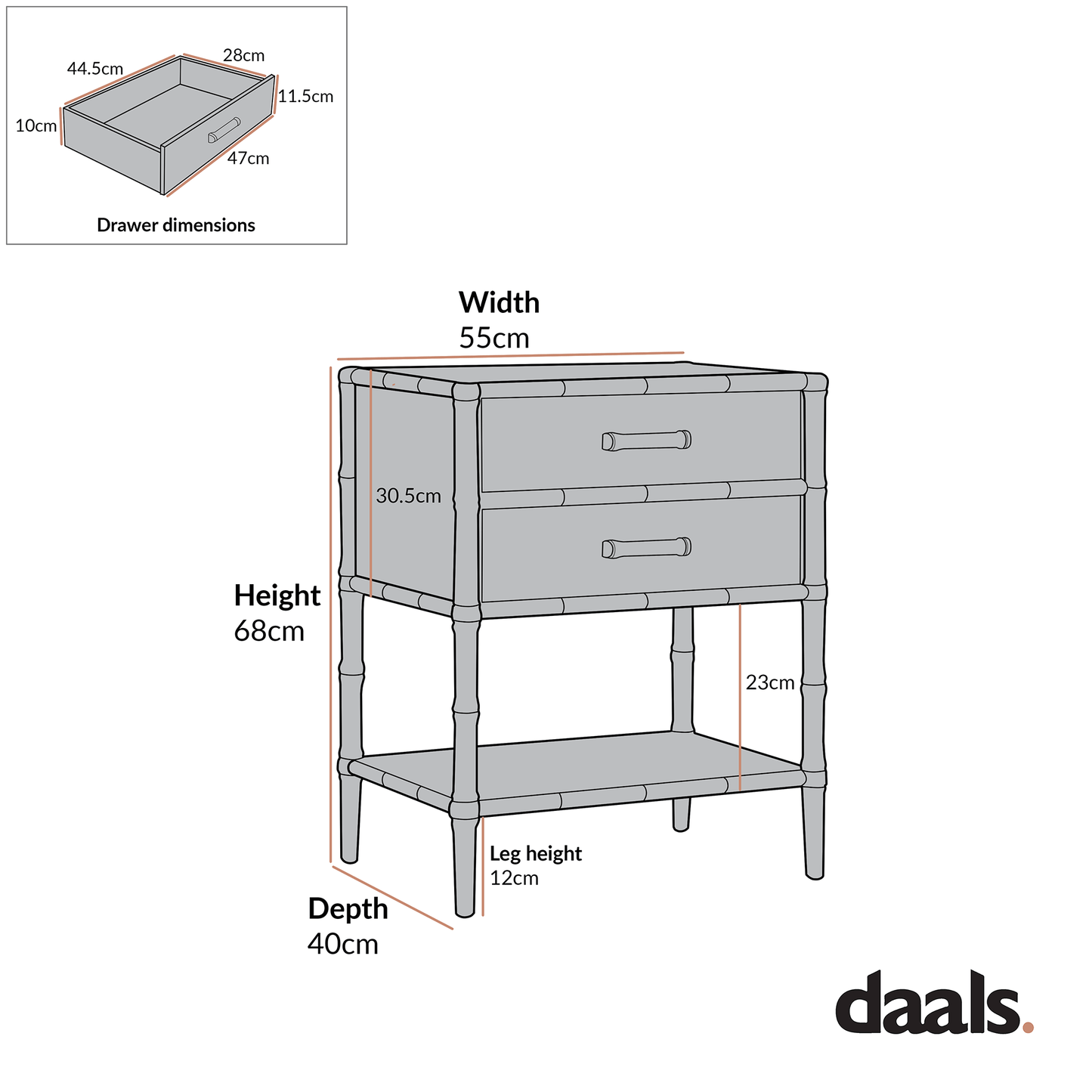 Elstowe Faux Bamboo 2-Drawer Bedside Table, Nude Pink