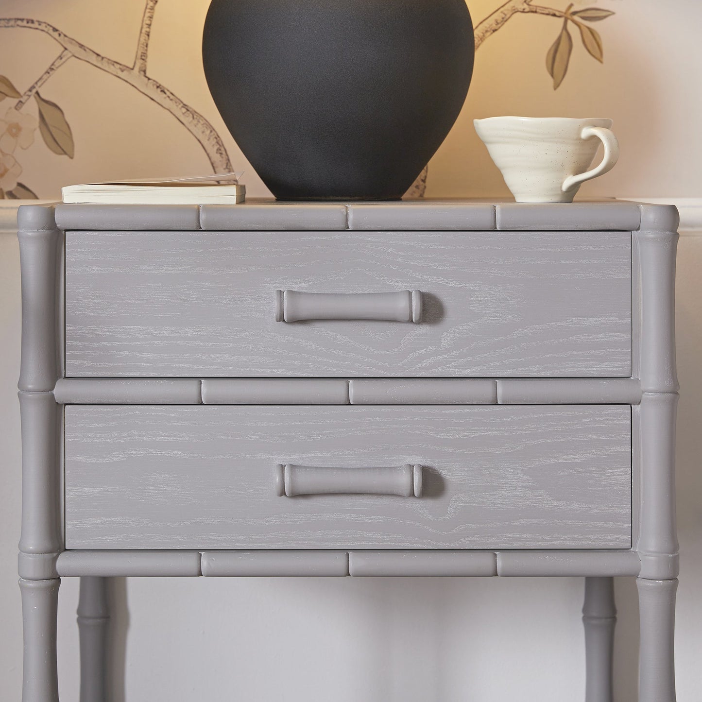 Elstowe Faux Bamboo 2-Drawer Bedside Table, Warm Grey