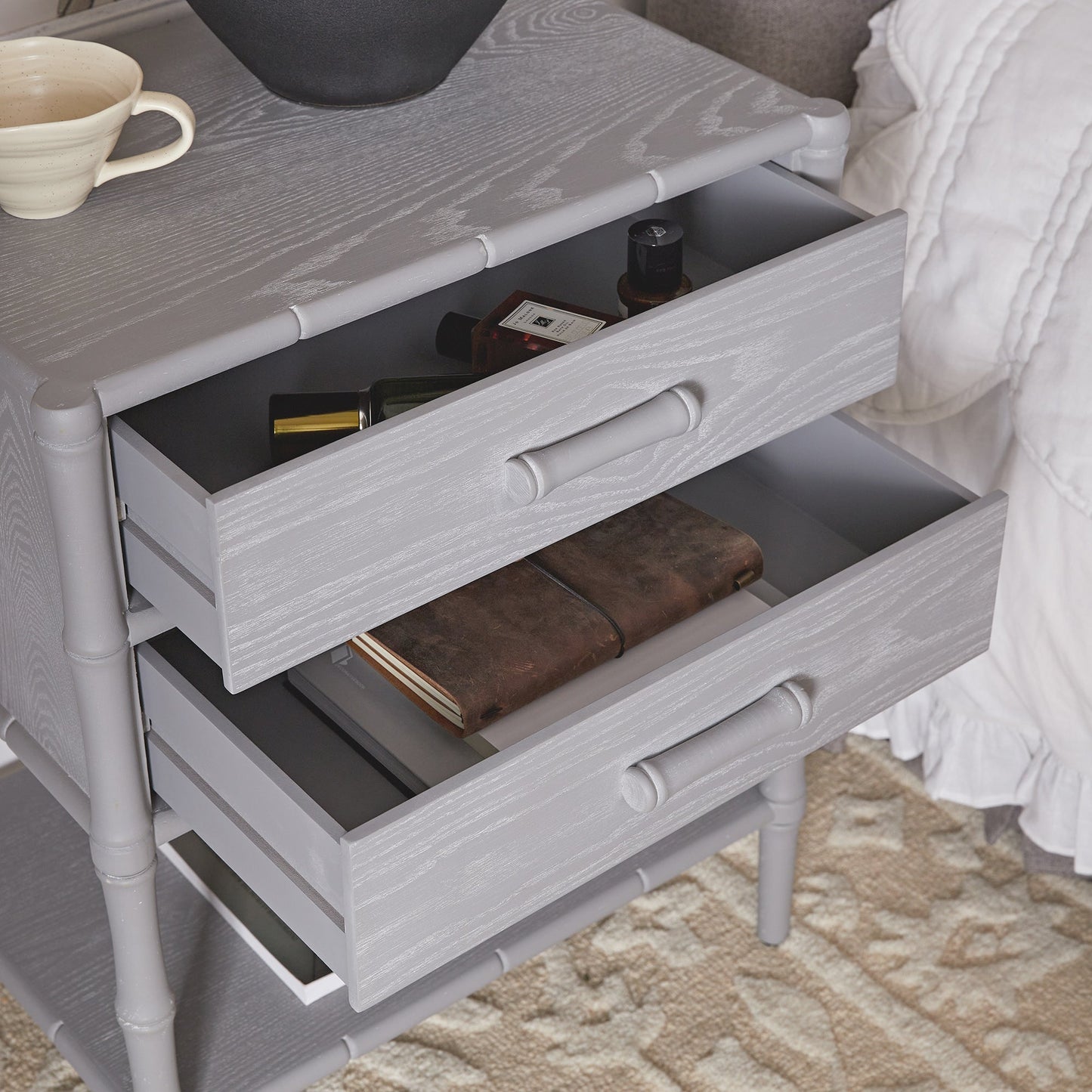 Elstowe Faux Bamboo 2-Drawer Bedside Table, Warm Grey