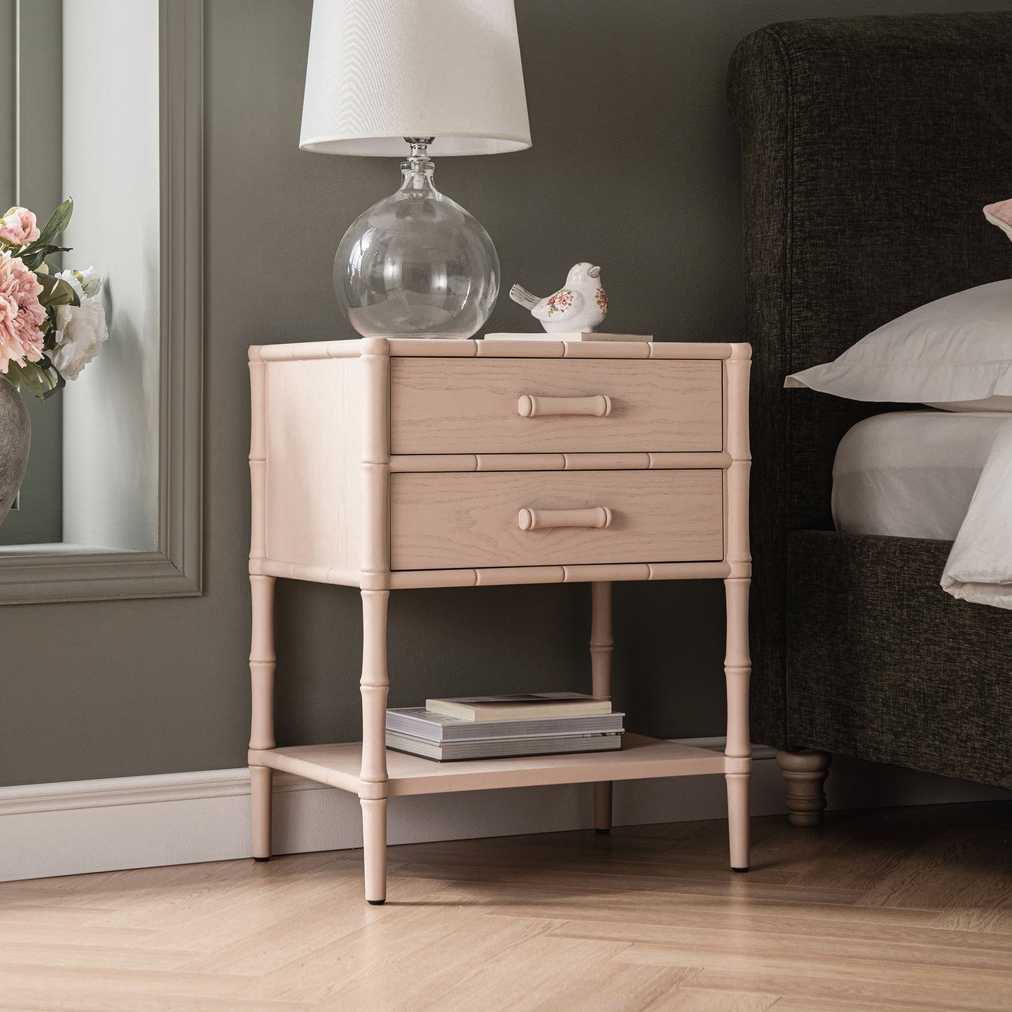 Elstowe Faux Bamboo 2-Drawer Bedside Table, Nude Pink