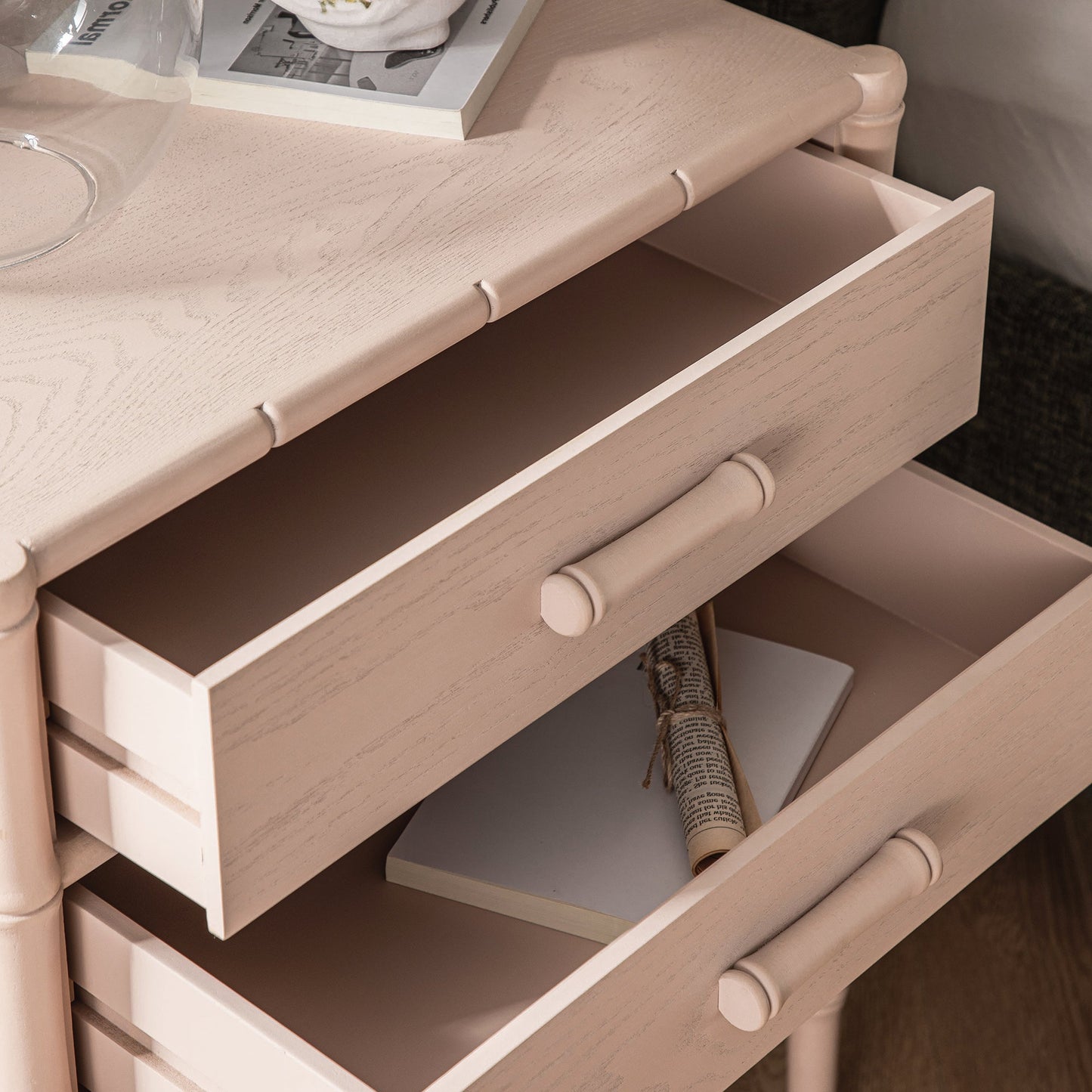 Elstowe Faux Bamboo 2-Drawer Bedside Table, Nude Pink