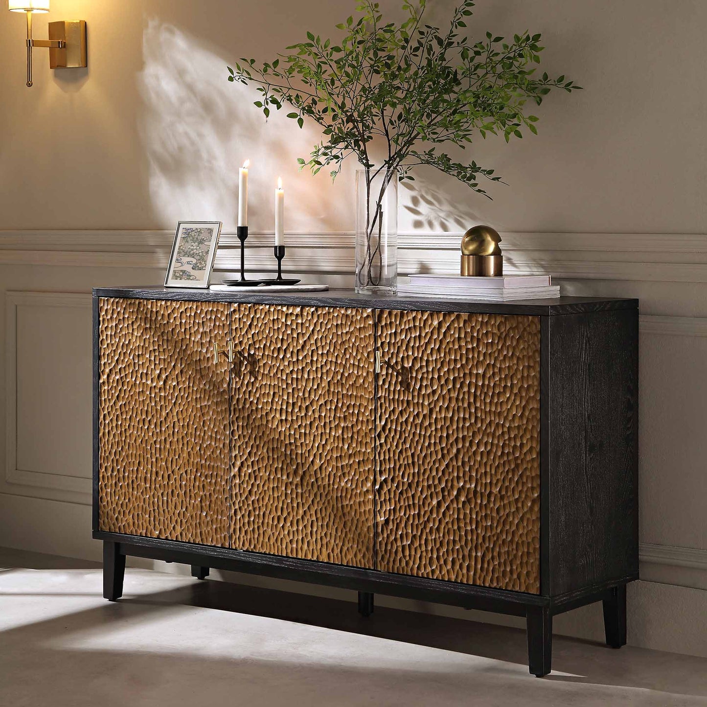 Bianca Chip Carved 3 Door Sideboard, Antique Bronze & Black