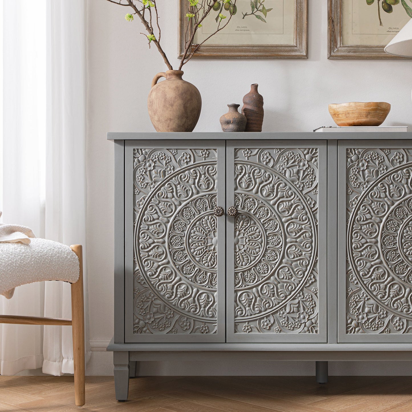 Chantilly Mid Grey Carved Large Sideboard