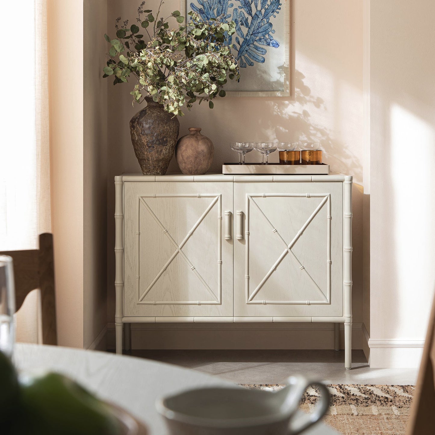 Elstowe Faux Bamboo Small Sideboard, Shaded White