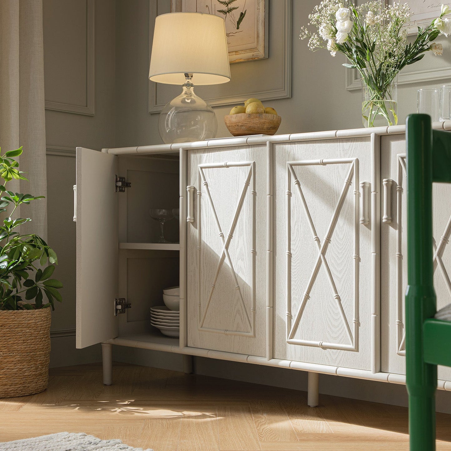 Elstowe Faux Bamboo Large Sideboard, Shaded White