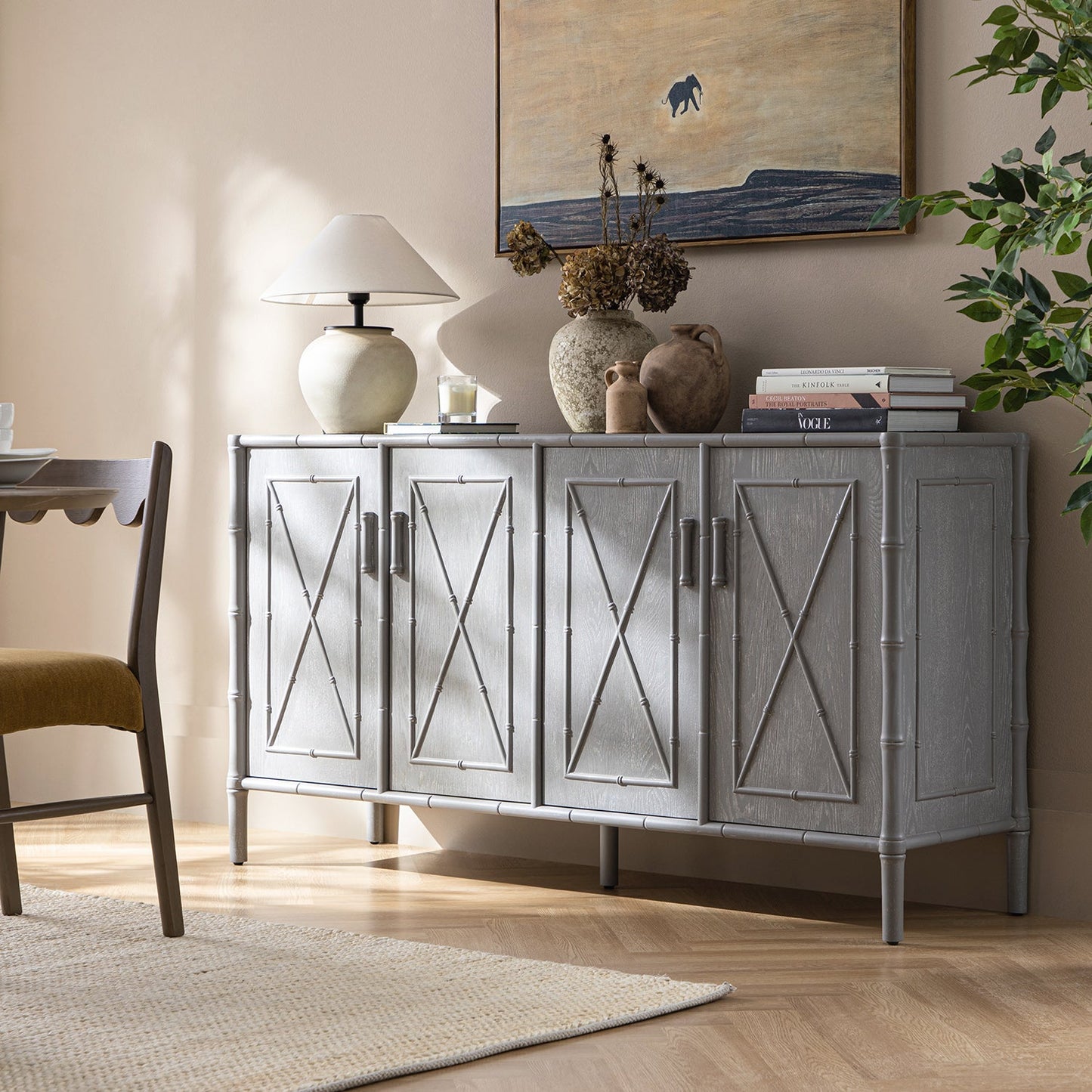 Elstowe Faux Bamboo Large Sideboard, Warm Grey