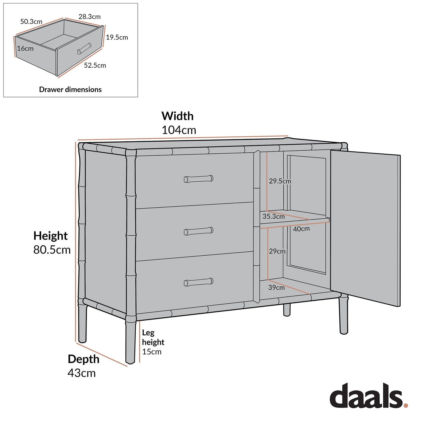 Elstowe Faux Bamboo 1-Door 3-Drawer Sideboard, Shaded White