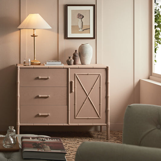 Elstowe Faux Bamboo 1-Door 3-Drawer Sideboard, Nude Pink