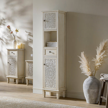Chantilly Whitewashed Carved Bathroom Tallboy Cabinet
