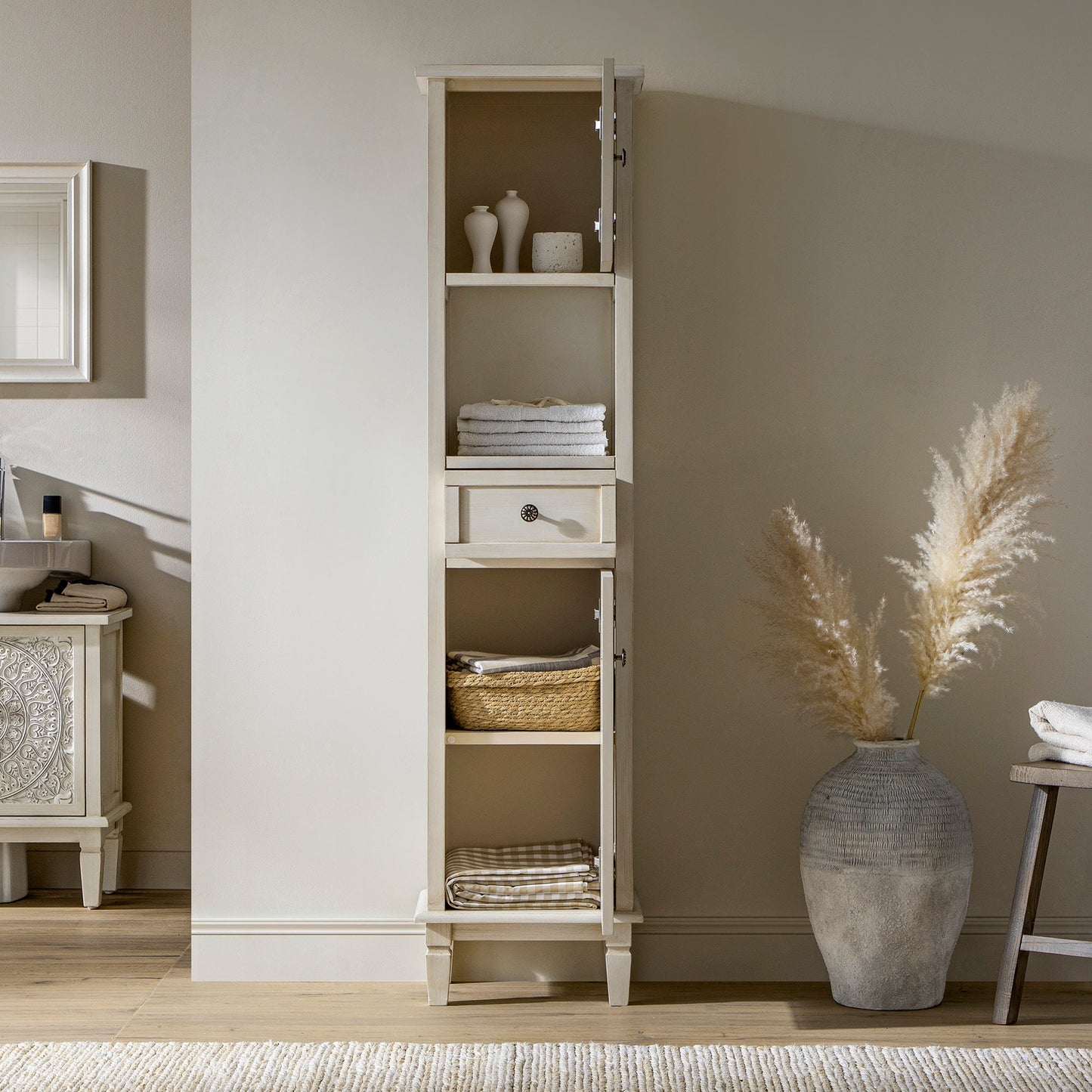 Chantilly Whitewashed Carved Bathroom Tallboy Cabinet