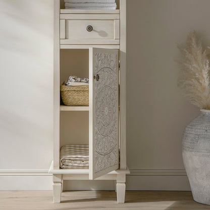 Chantilly Whitewashed Carved Bathroom Tallboy Cabinet