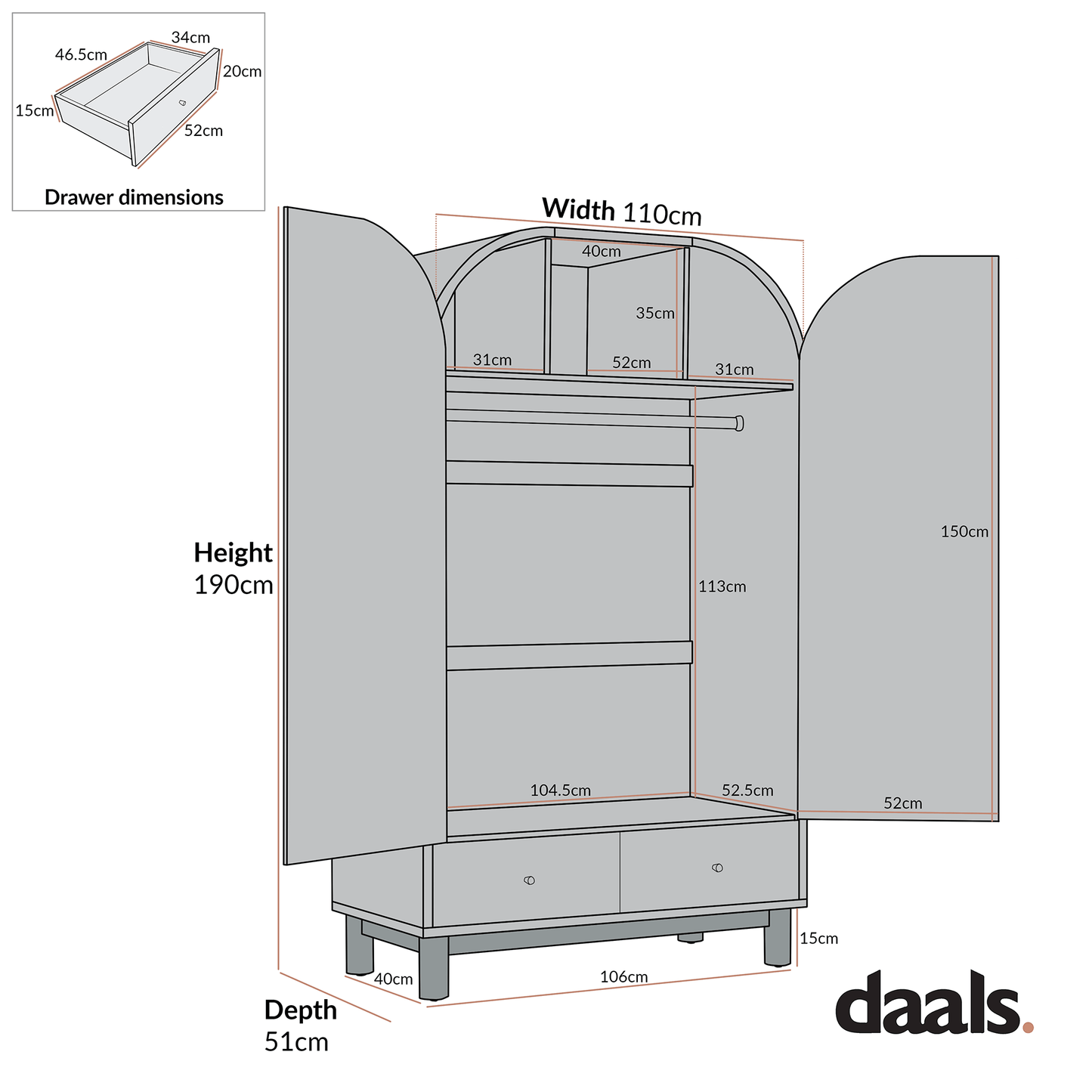 Maude Double Wardrobe, Washed White Ash