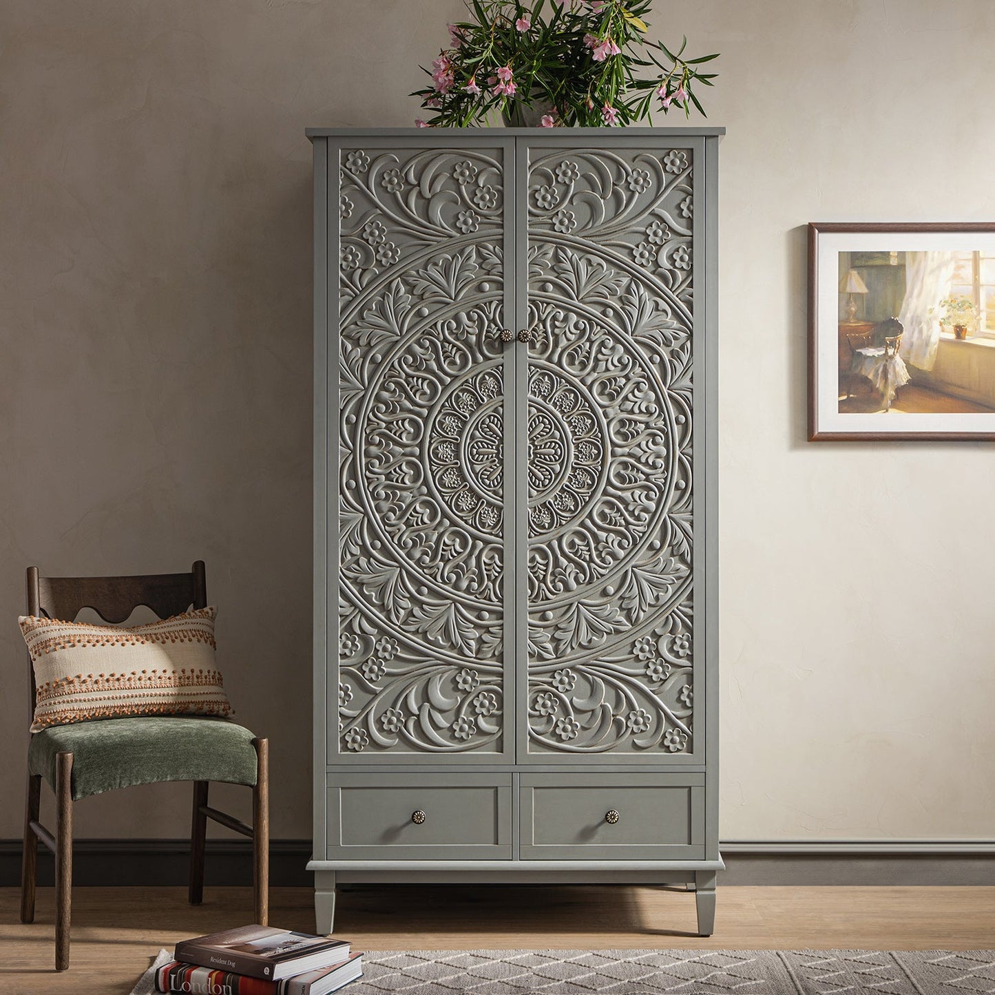 Chantilly Mid Grey Carved Double Wardrobe