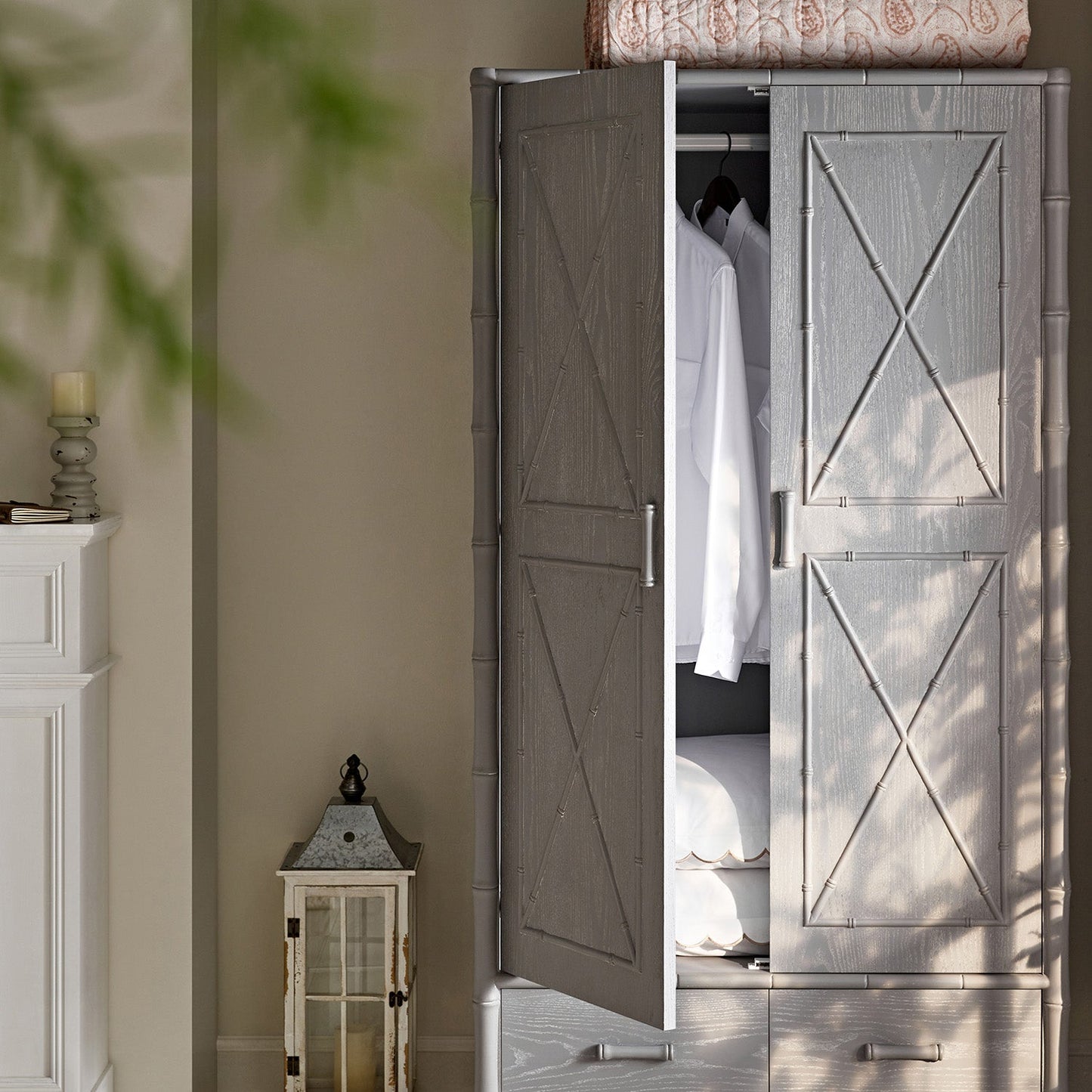 Elstowe Faux Bamboo Double Wardrobe, Warm Grey
