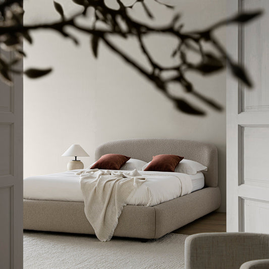 Constance Winged Headboard Ottoman Storage Bed, Light Taupe Boucle