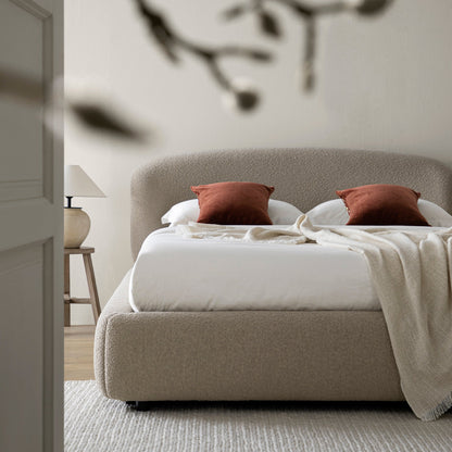 Constance Winged Headboard Ottoman Storage Bed, Light Taupe Boucle