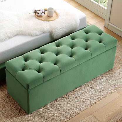 Leamington Deep-Buttoned Ottoman Storage Bench, Meadow Green Velvet