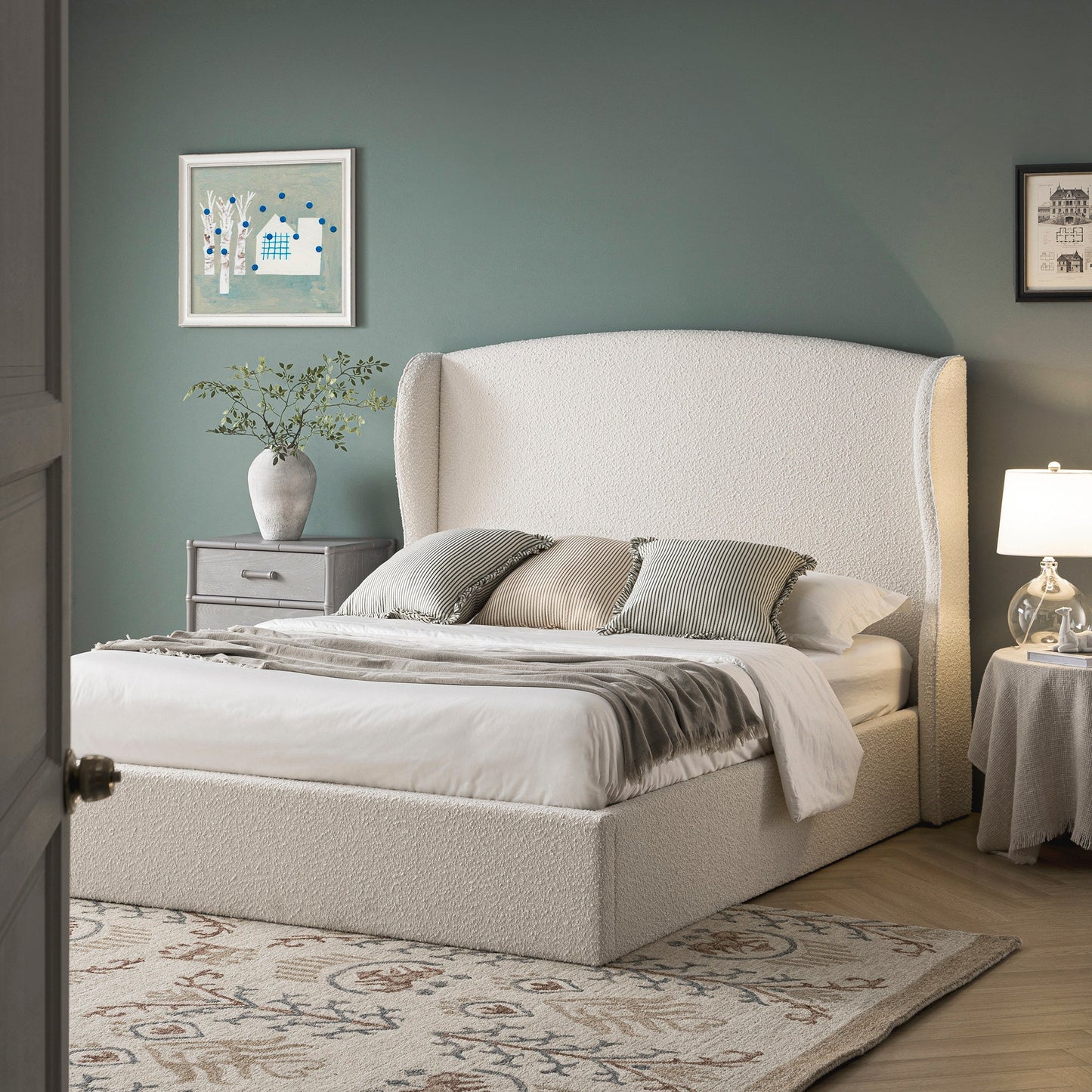 Kimberly Winged Upholstered Storage Bed, Ecru Boucle