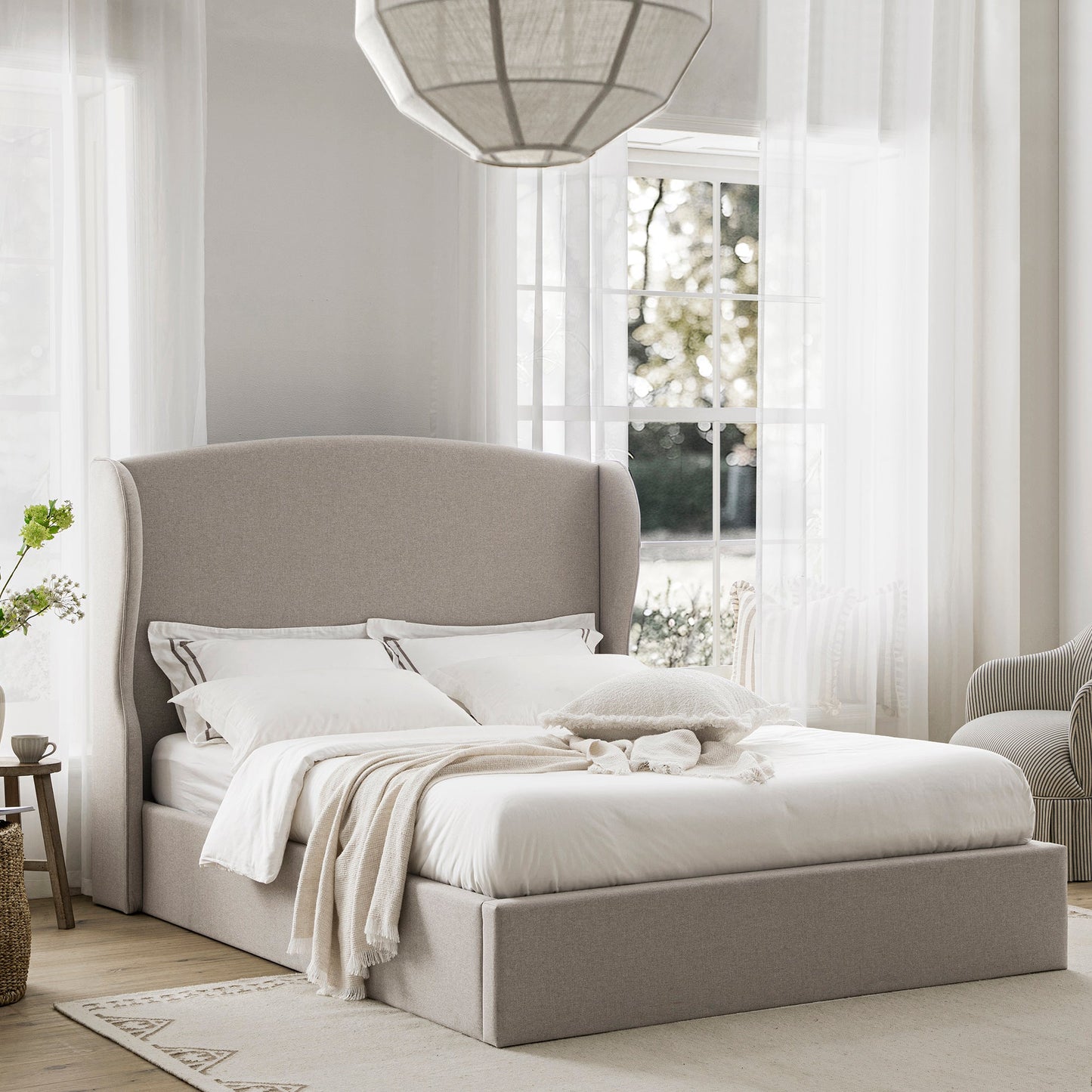 Kimberly Winged Upholstered Storage Bed, Sand Fabric