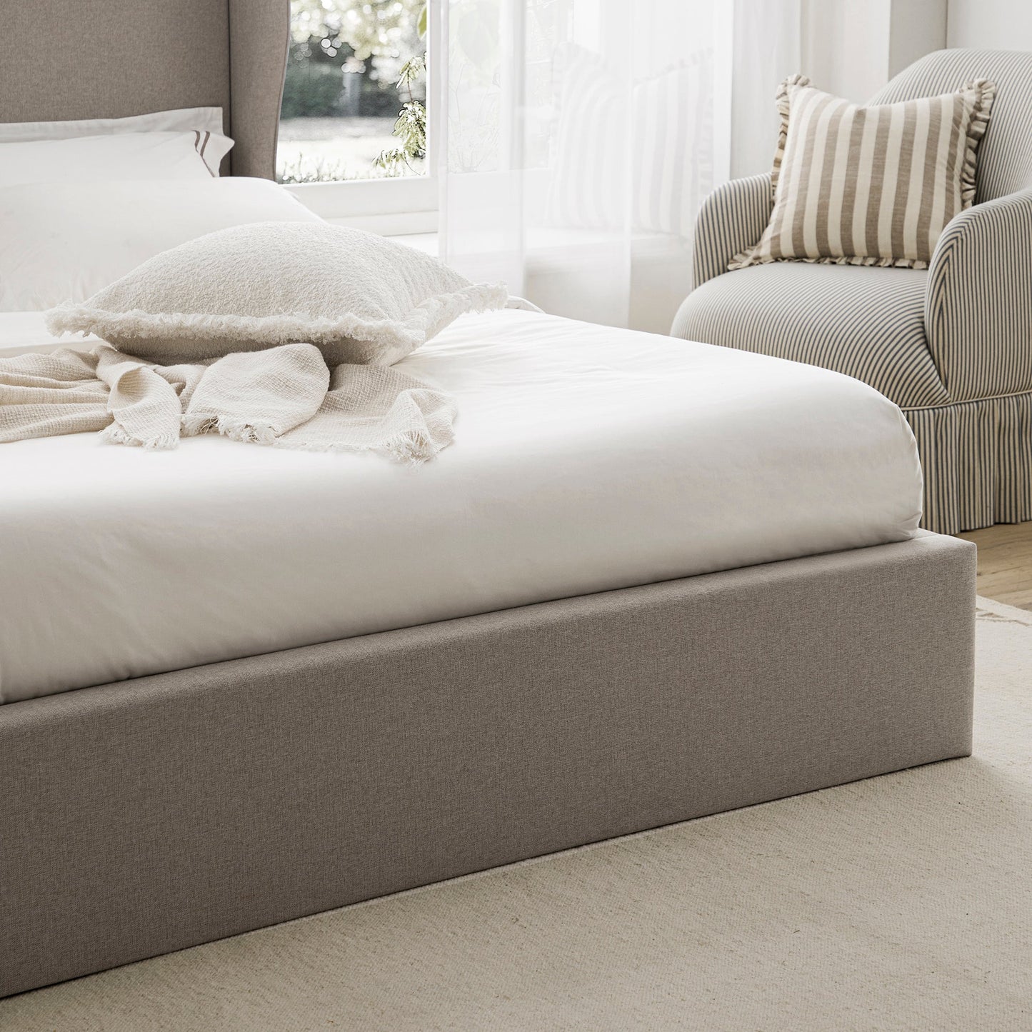 Kimberly Winged Upholstered Storage Bed, Sand Fabric