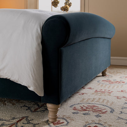 Porchester Ottoman Storage Sleigh Bed, Aegean Blue Velvet