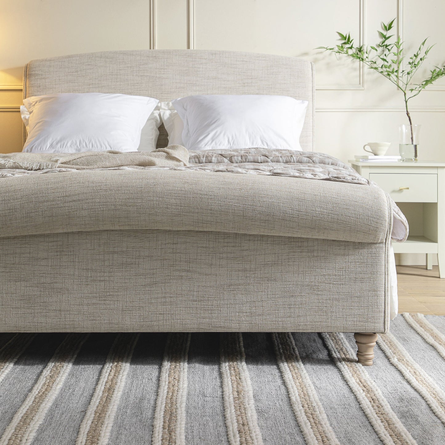 Porchester Ottoman Storage Sleigh Bed, Oatmeal Woven Textured Fabric