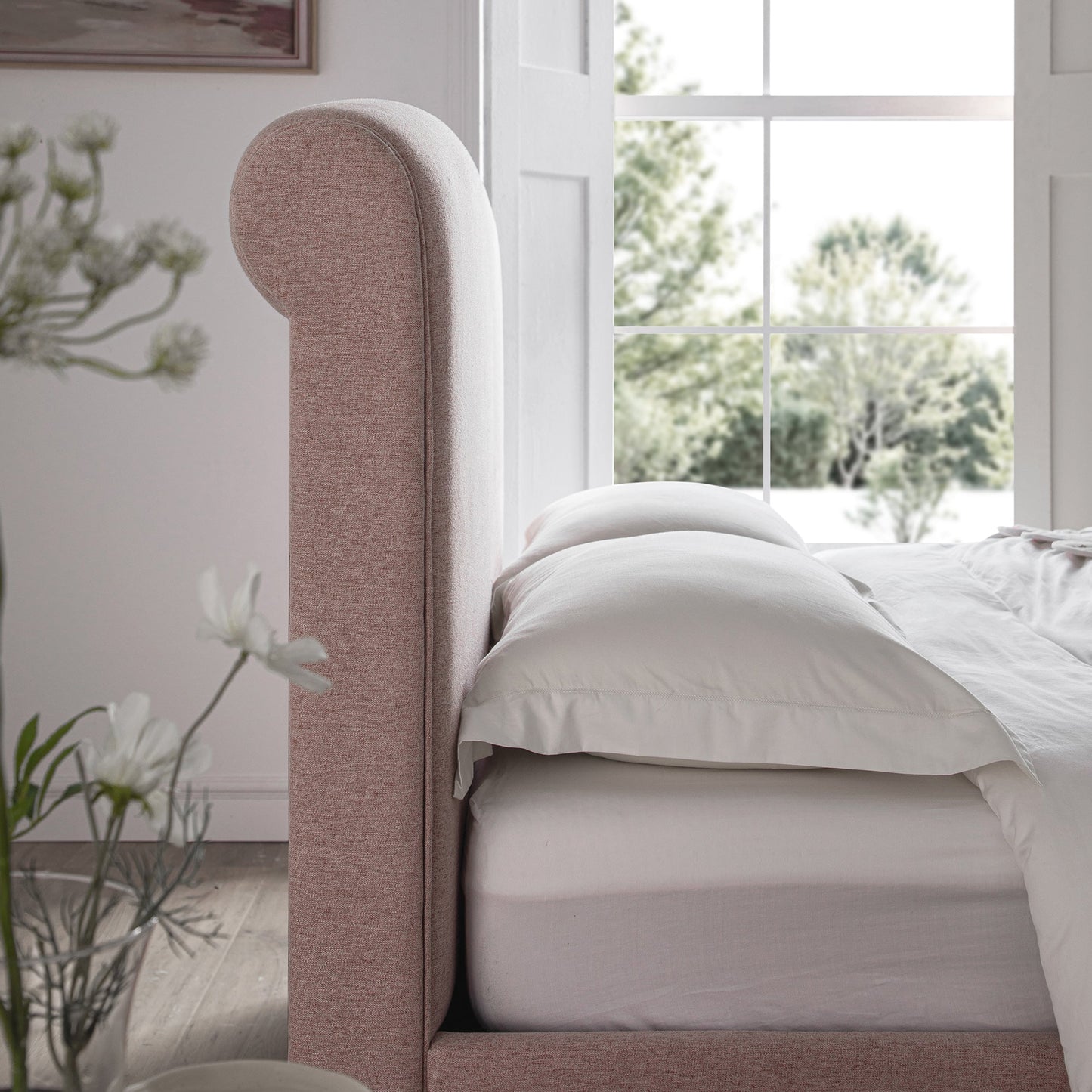 Porchester Ottoman Storage Sleigh Bed, Rosewater Pink Fabric