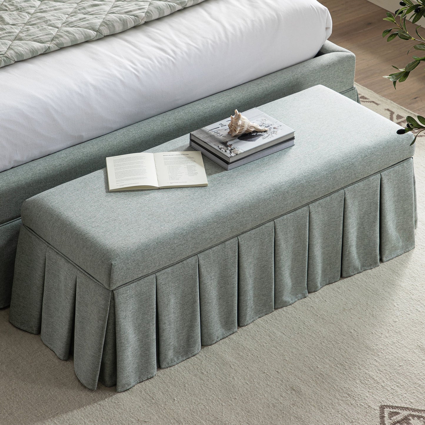Egerton Box-Pleat Storage Bench, Pale Aqua Brushed Fabric