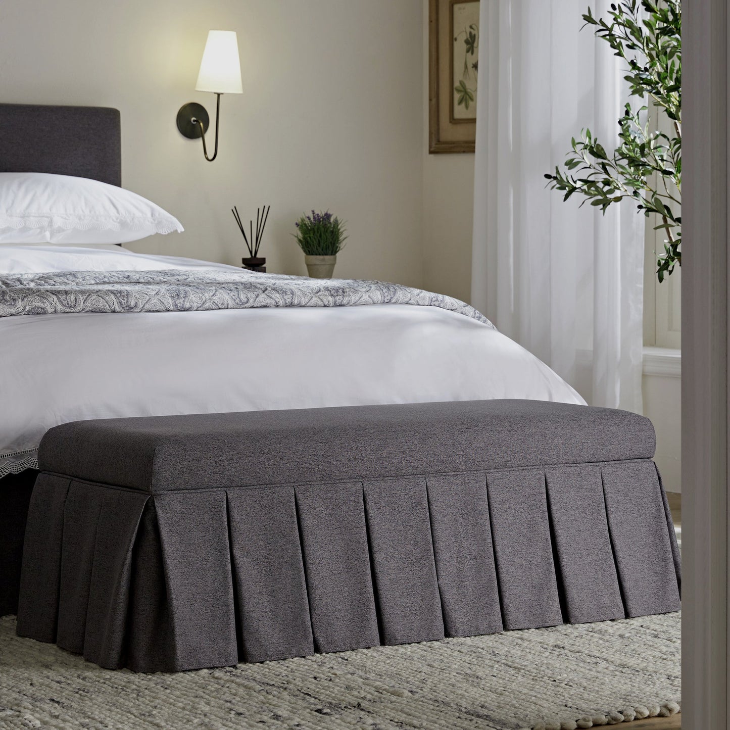 Egerton Box-Pleat Storage Bench, Charcoal Brushed Fabric