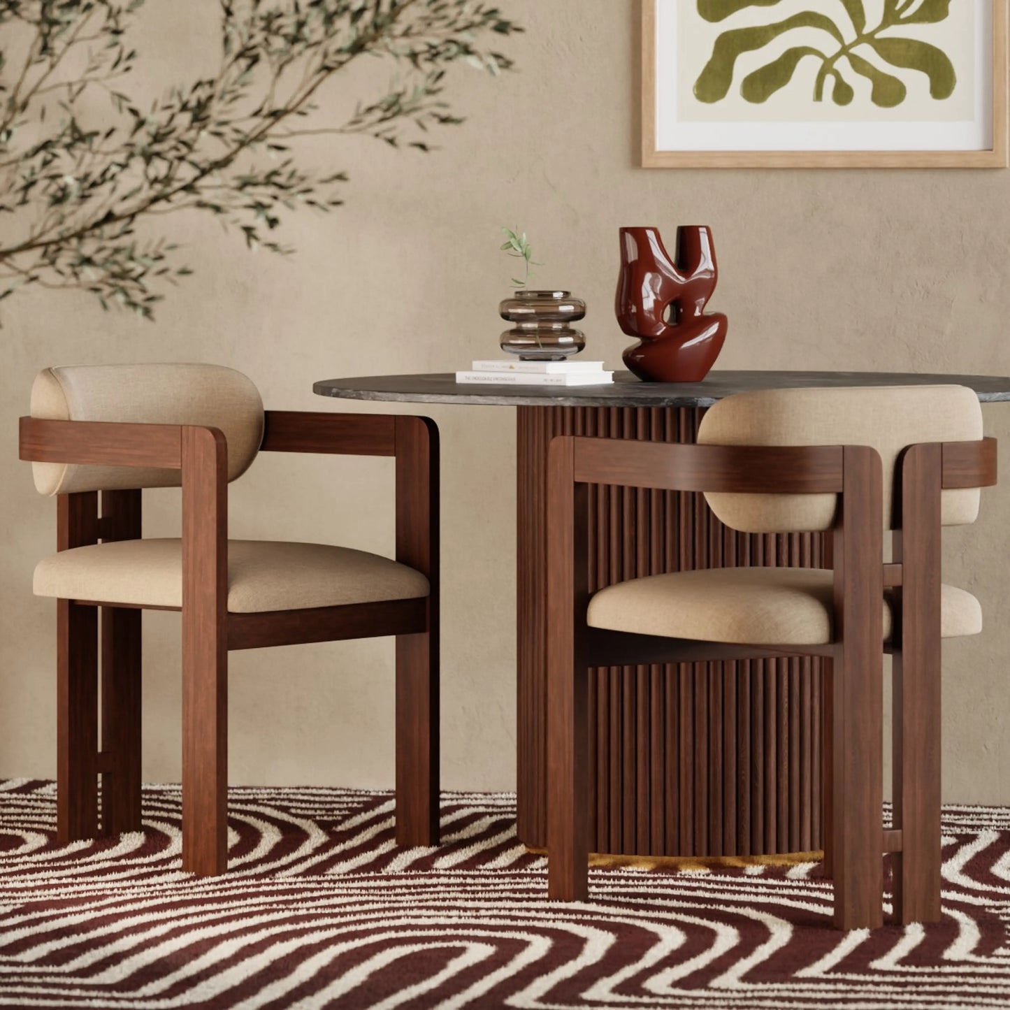 Hallie Wooden Carver Dining Chair | Truffle Brown Sustainable Mohair Velvet & Walnut